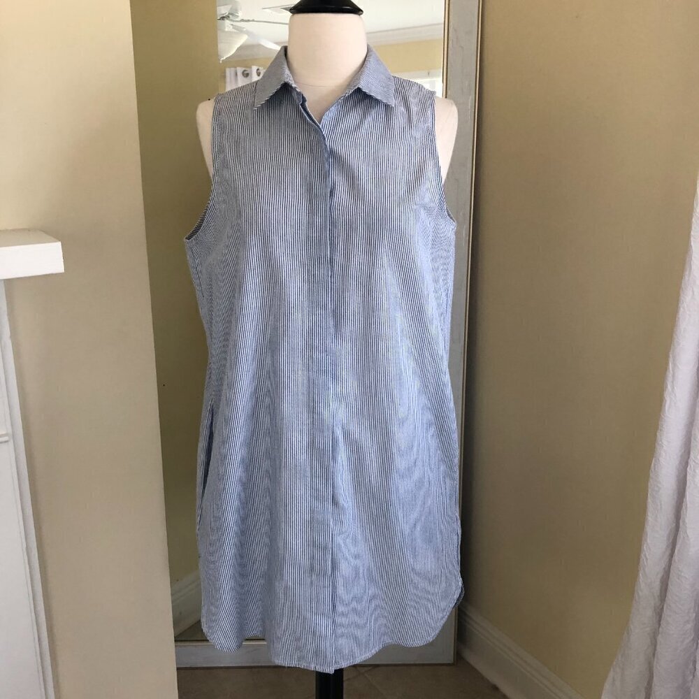 Lumiere Blue Seersucker Sleeveless Full Button Summer Shirt Dress Small Beachy